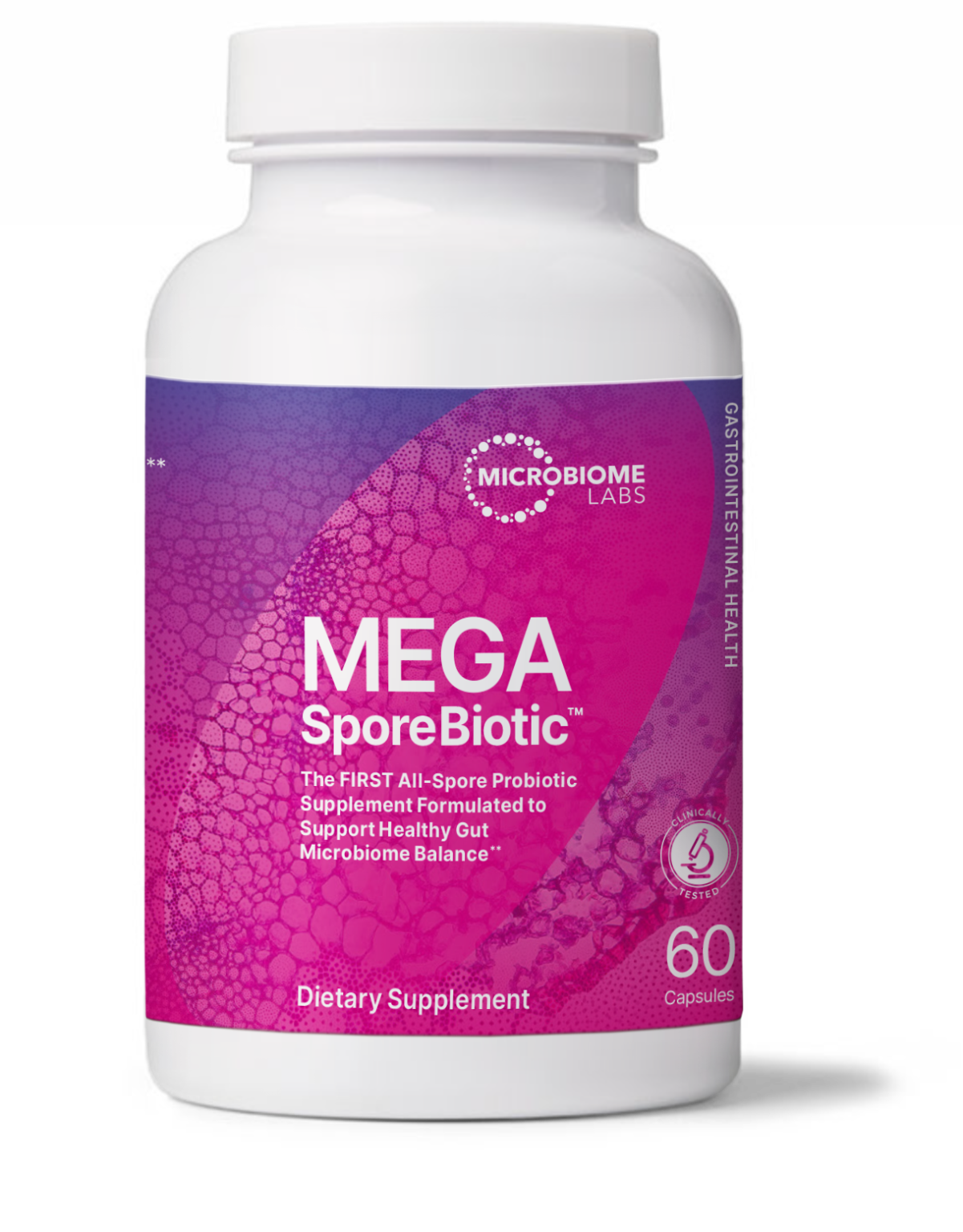 A bottle of Microbiome Labs MegaSporeBiotic, a dietary supplement with 60 capsules, featuring a white and purple label.