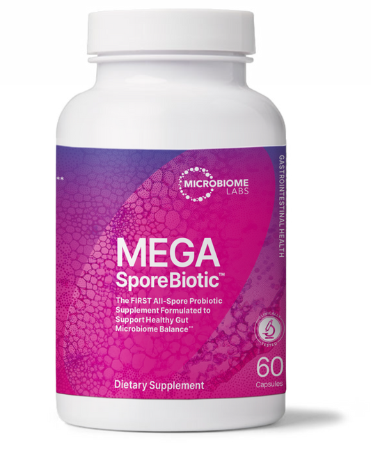 A bottle of Microbiome Labs MegaSporeBiotic, a dietary supplement with 60 capsules, featuring a white and purple label.