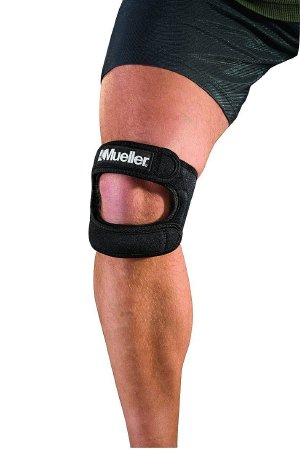 A black Mueller brand knee strap designed for support and comfort, featuring a hook and loop closure.