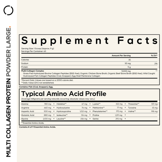 Supplement facts label for a multi collagen protein powder on a white background