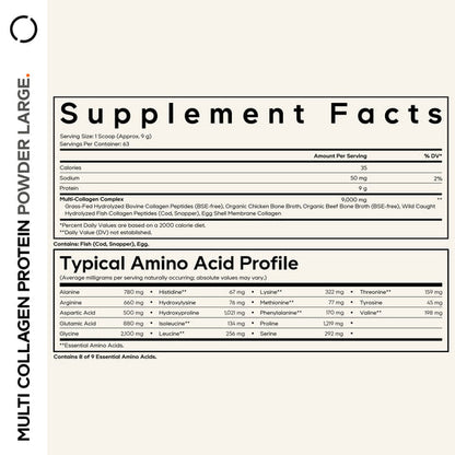 Supplement facts label for a multi collagen protein powder on a white background