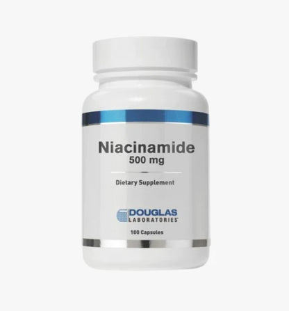 A bottle of Douglas Labs Niacinamide 500 mg dietary supplement containing 100 capsules.