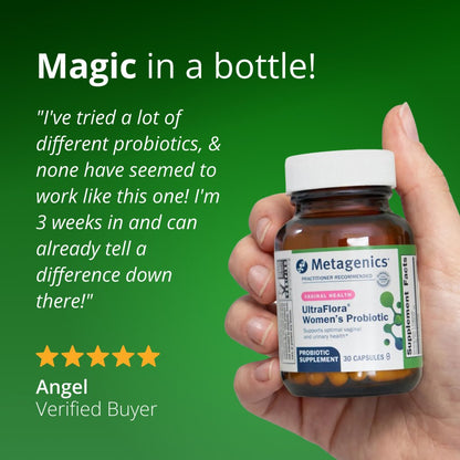 Hand holding a Metagenics UltraFlora Women's Probiotic bottle with positive review text on a green background