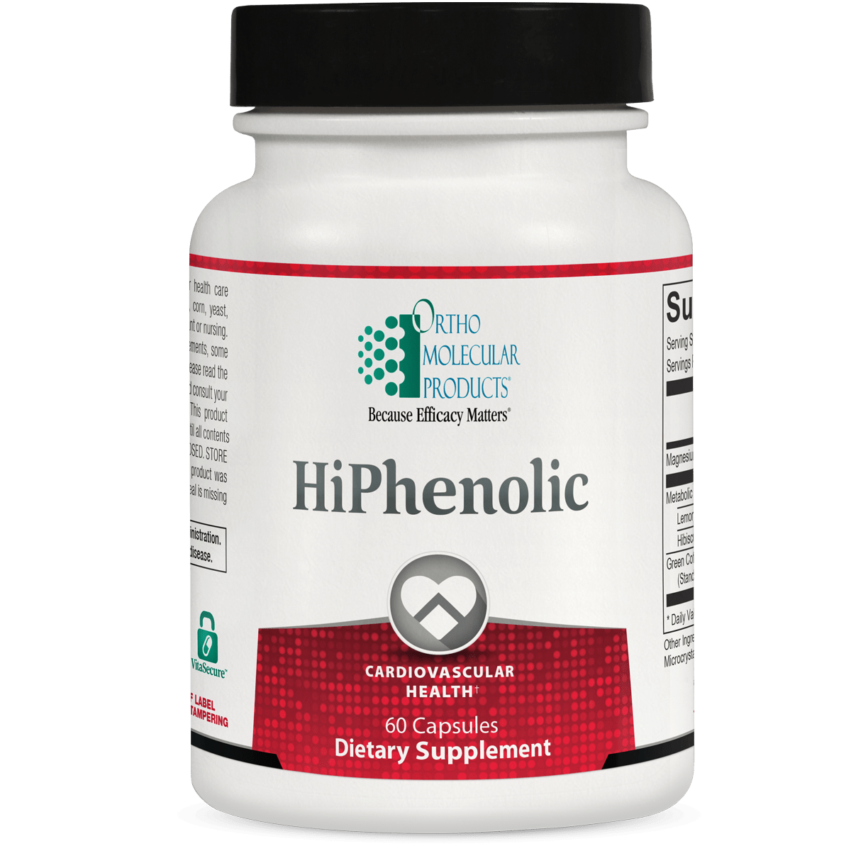 A bottle of OrthoMolecular Products HiPhenolic dietary supplement with 60 capsules, labeled for cardiovascular health.