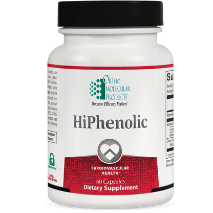 A bottle of OrthoMolecular Products HiPhenolic dietary supplement with 60 capsules, labeled for cardiovascular health.
