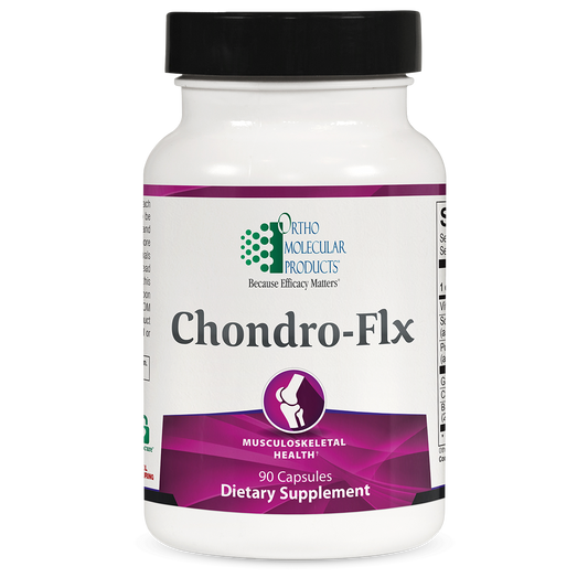 A bottle of OrthoMolecular Products Chondro-Flx dietary supplement with 90 capsules for joint health.