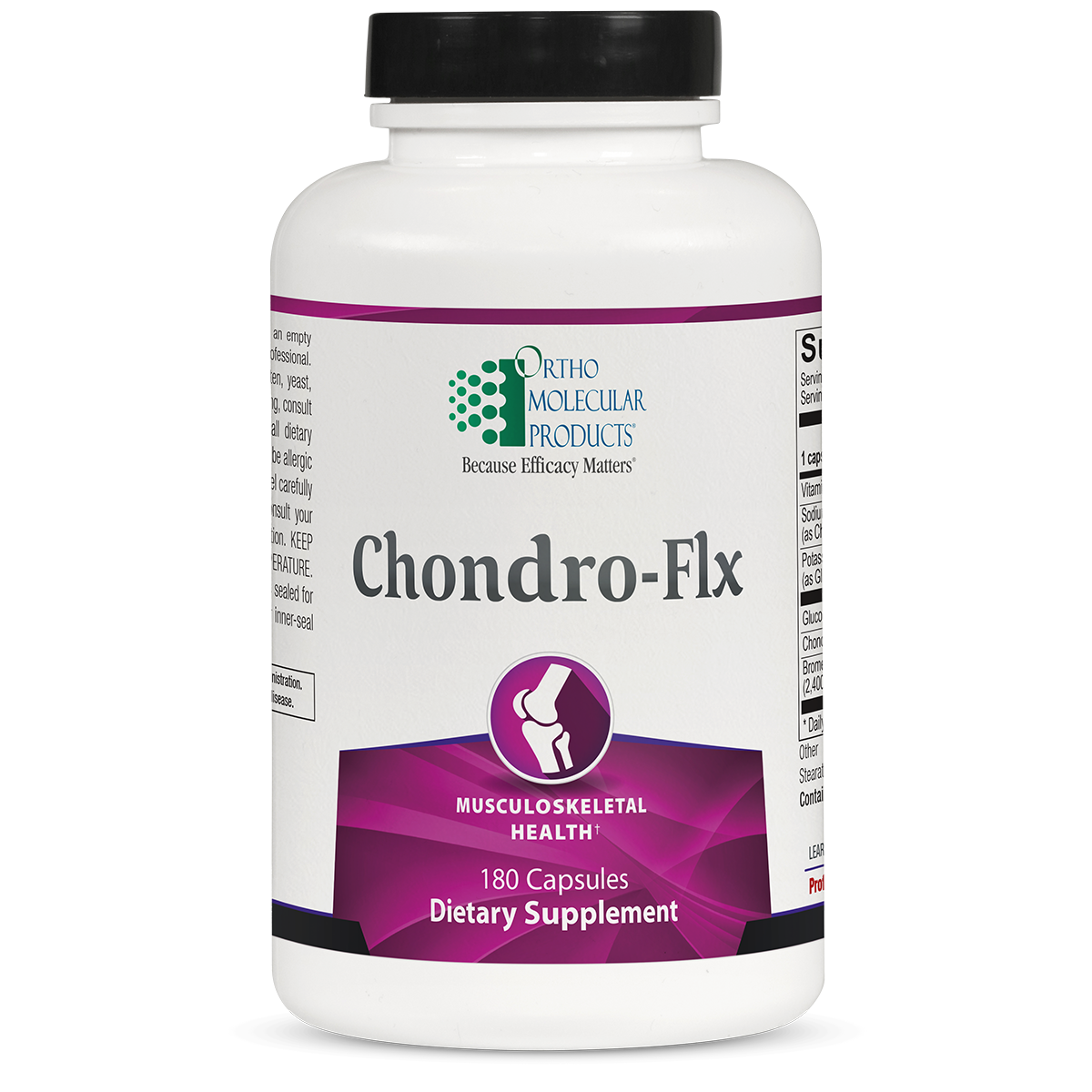 A bottle of OrthoMolecular Products Chondro-Flx dietary supplement with 180 capsules for joint health.