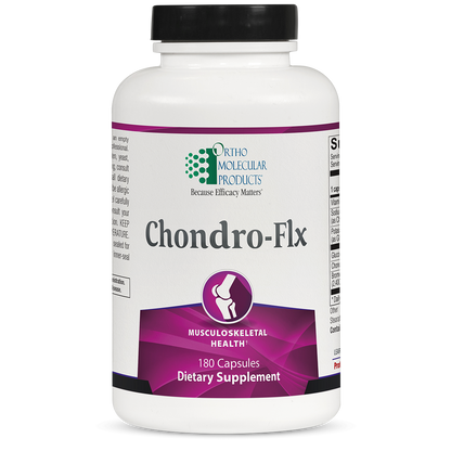 A bottle of OrthoMolecular Products Chondro-Flx dietary supplement with 180 capsules for joint health.