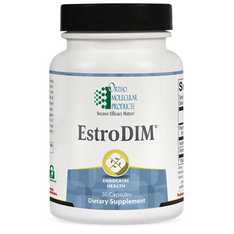 A bottle of OrthoMolecular Products EstroDIM dietary supplement with 30 capsules, labeled for supporting estrogen balance and metabolism.