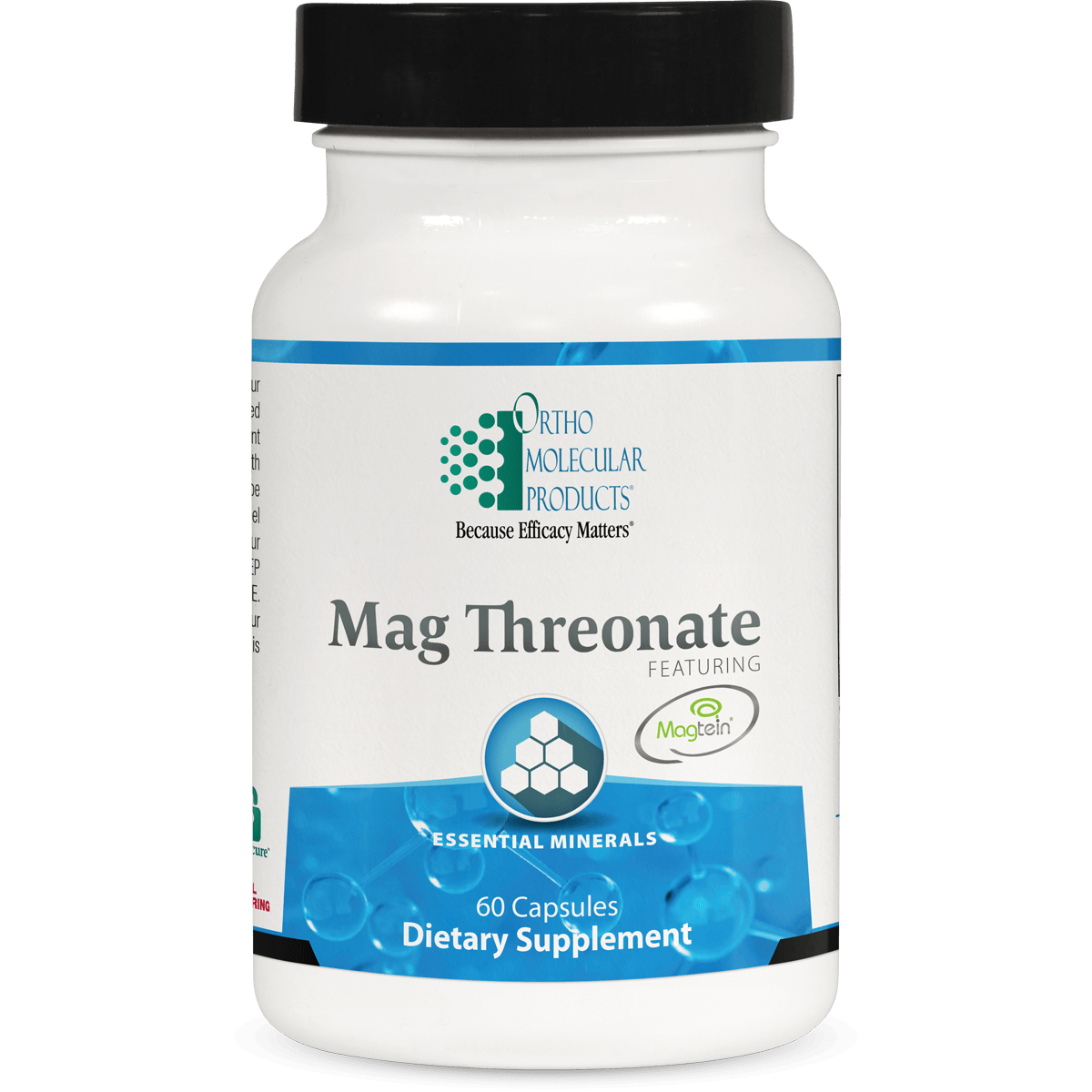 A bottle of OrthoMolecular Products Magnesium Threonate dietary supplement with 60 capsules.