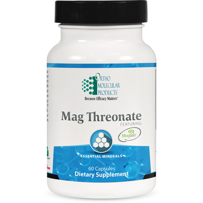 A bottle of OrthoMolecular Products Magnesium Threonate dietary supplement with 60 capsules.