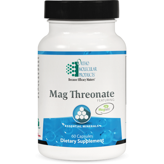 A bottle of OrthoMolecular Products Magnesium Threonate dietary supplement with 60 capsules.
