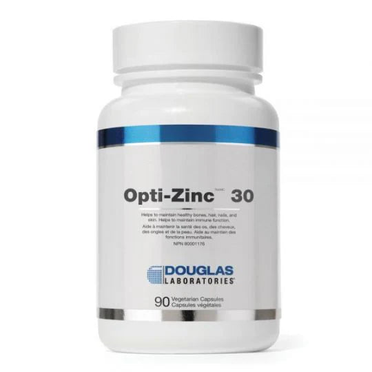 A bottle of Douglas Labs Opti-Zinc 30 supplements with 90 vegetarian capsules.