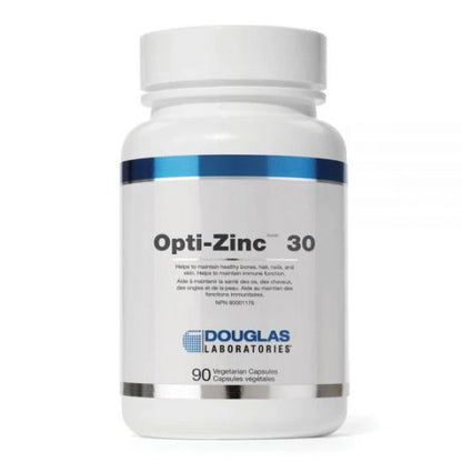 A bottle of Douglas Labs Opti-Zinc 30 supplements with 90 vegetarian capsules.