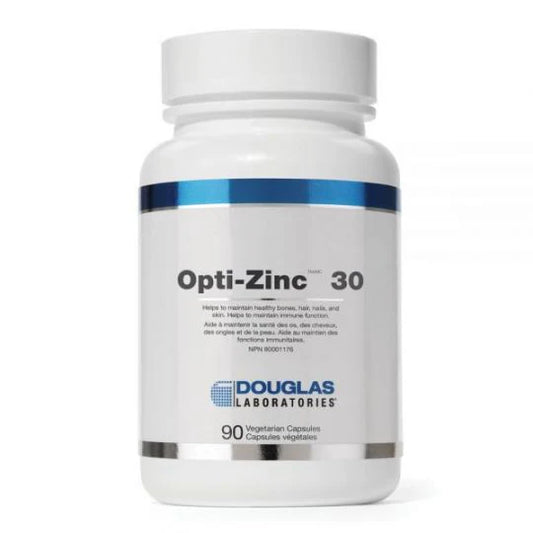 A bottle of Douglas Labs Opti-Zinc 30 supplements with 90 vegetarian capsules.