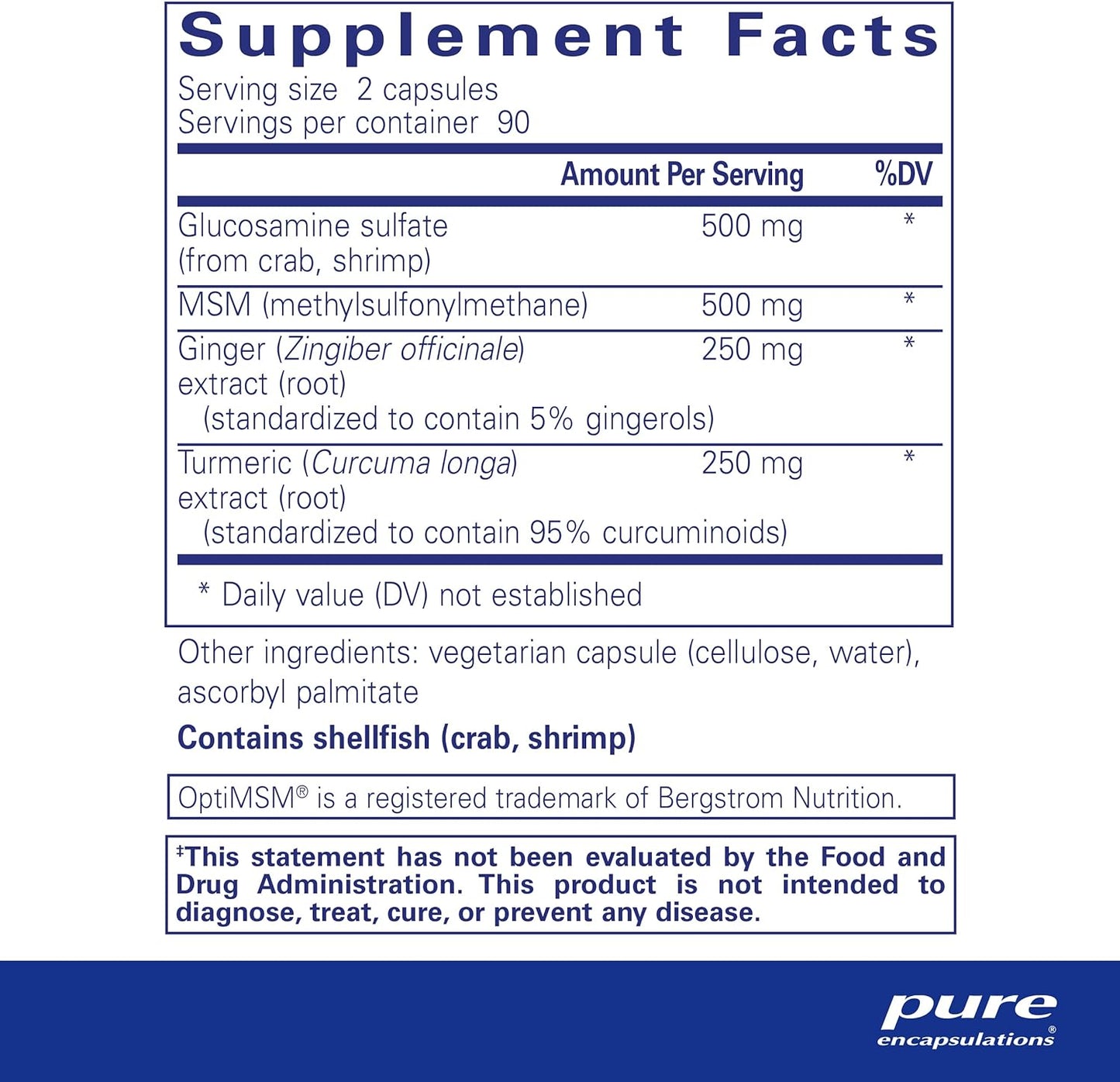 Supplement facts for a bottle of Pure Encapsulations Glucosamine MSM with joint comfort herbs dietary supplement