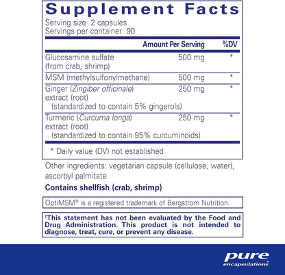 Supplement facts for a bottle of Pure Encapsulations Glucosamine MSM with joint comfort herbs dietary supplement