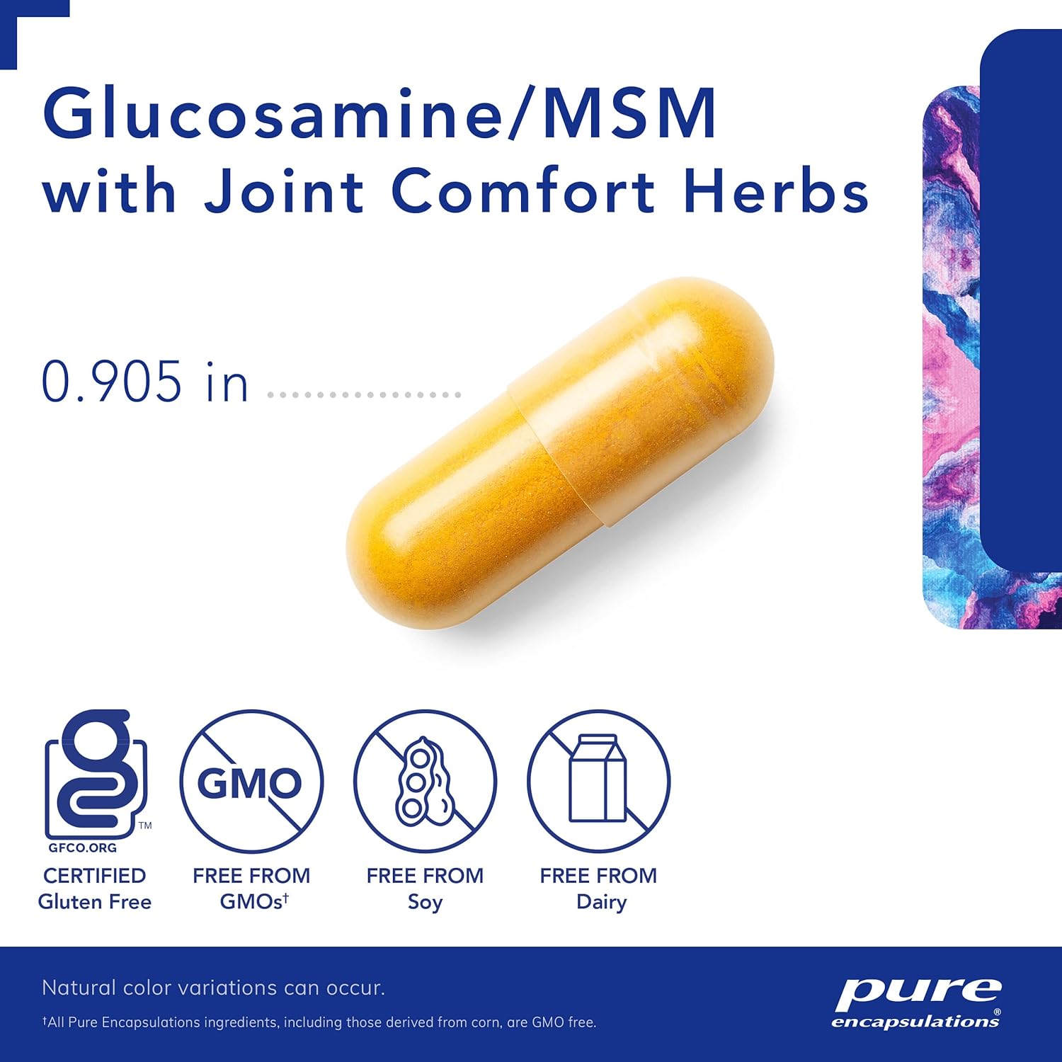 An orange, Pure Encapsulations Glucosamine MSM with joint comfort herbs dietary supplement capsule that measures .905 inches long and is GF, GMO free, Soy free, and Dairy free,