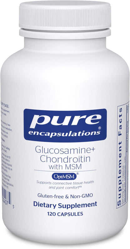 A bottle of Pure Encapsulations Glucosamine Chondroitin with MSM dietary supplement containing 120 capsules.