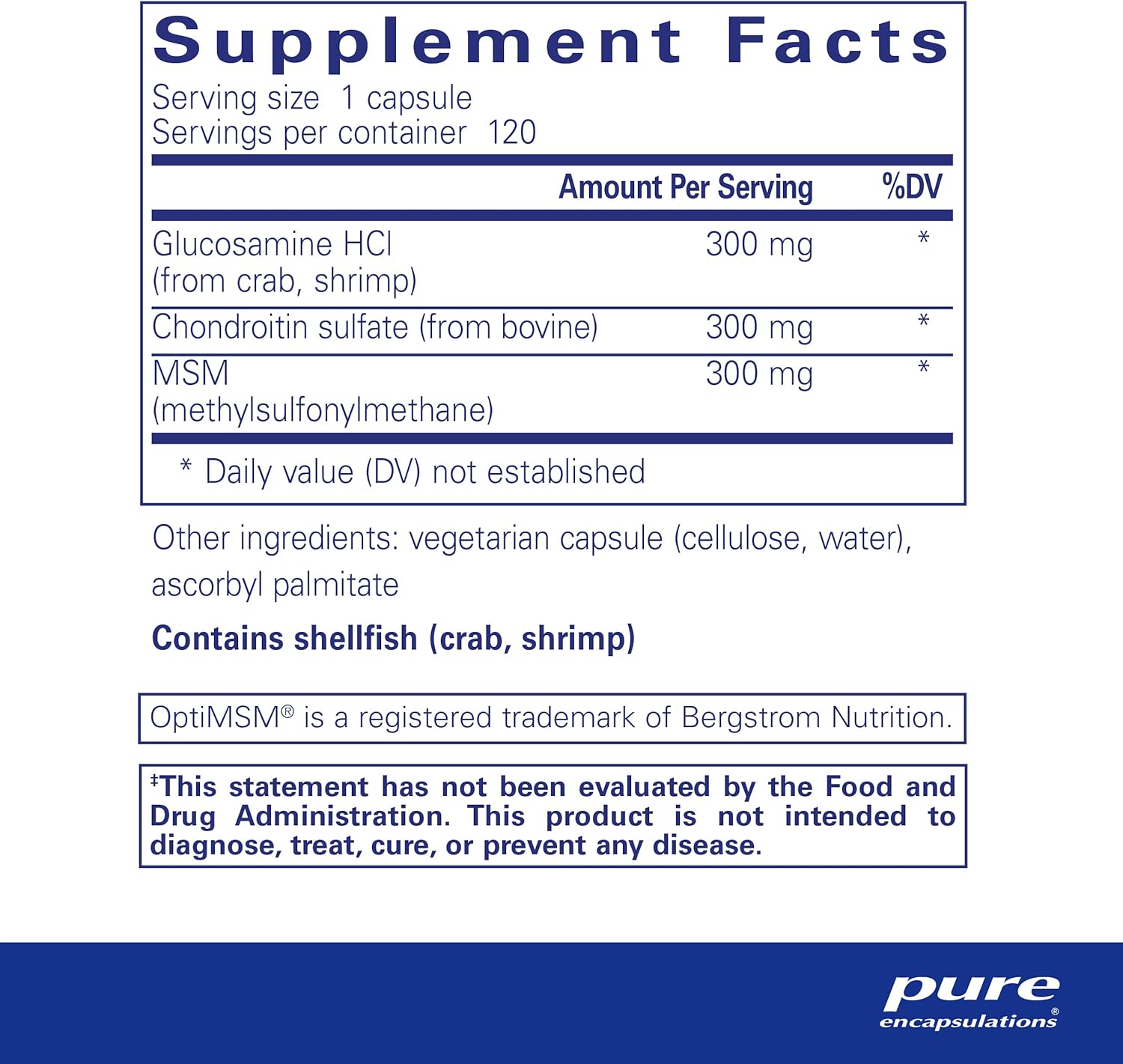 Supplement facts for a bottle of Pure Encapsulations Glucosamine Chondroitin with MSM dietary supplement 