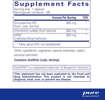 Supplement facts for a bottle of Pure Encapsulations Glucosamine Chondroitin with MSM dietary supplement 