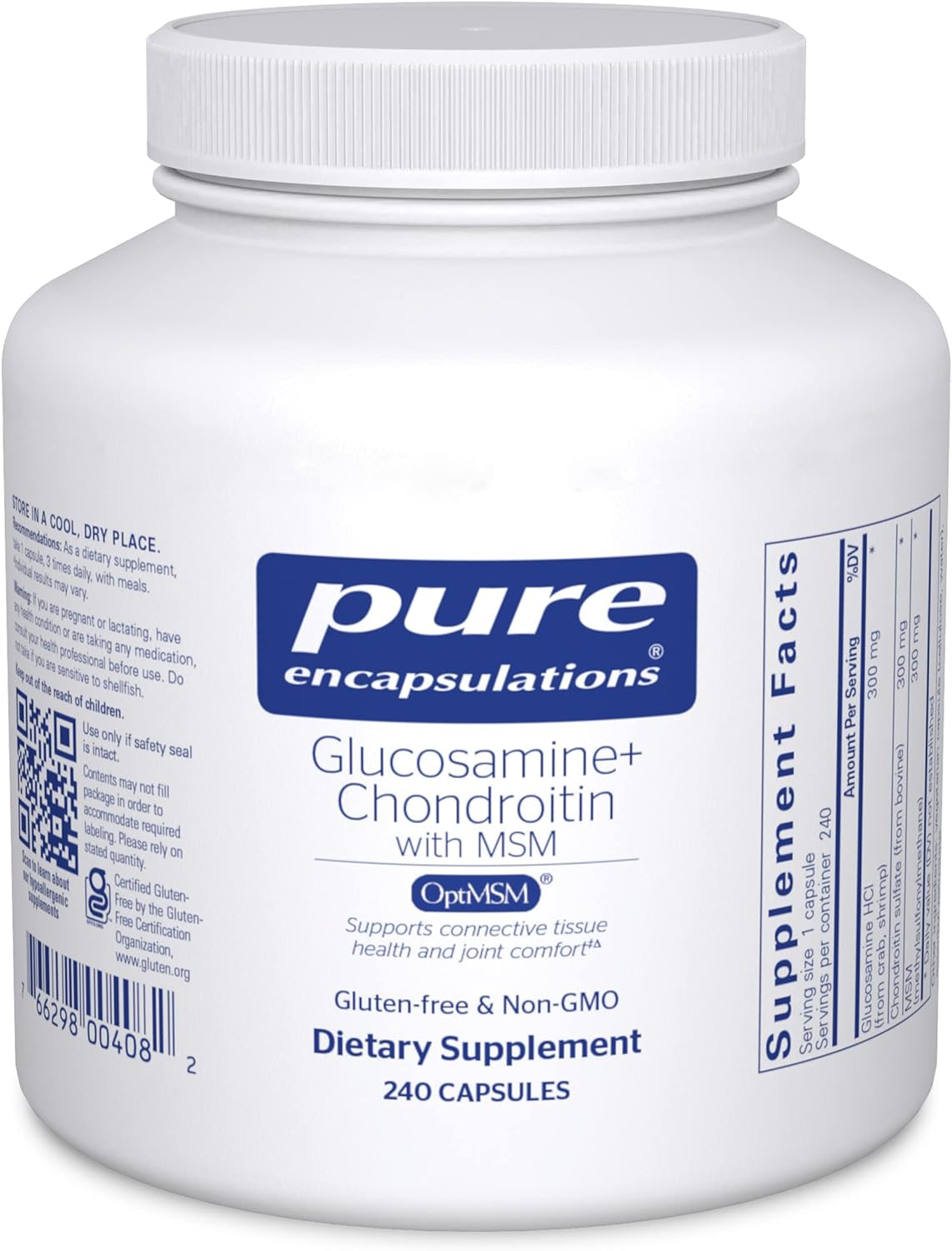 A bottle of Pure Encapsulations Glucosamine Chondroitin with MSM dietary supplement containing 240 capsules.