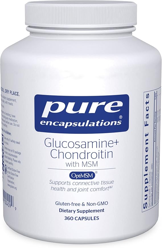 A bottle of Pure Encapsulations Glucosamine Chondroitin with MSM dietary supplement containing 360 capsules.