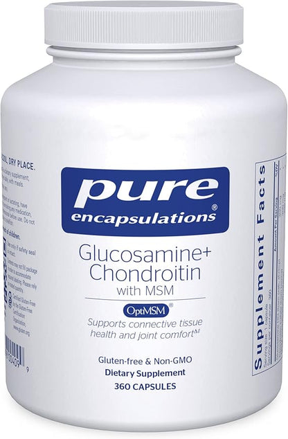 A bottle of Pure Encapsulations Glucosamine Chondroitin with MSM dietary supplement containing 360 capsules.