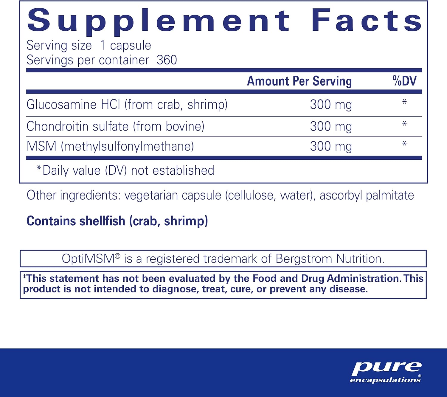 Supplement facts for a bottle of Pure Encapsulations Glucosamine Chondroitin with MSM dietary supplement