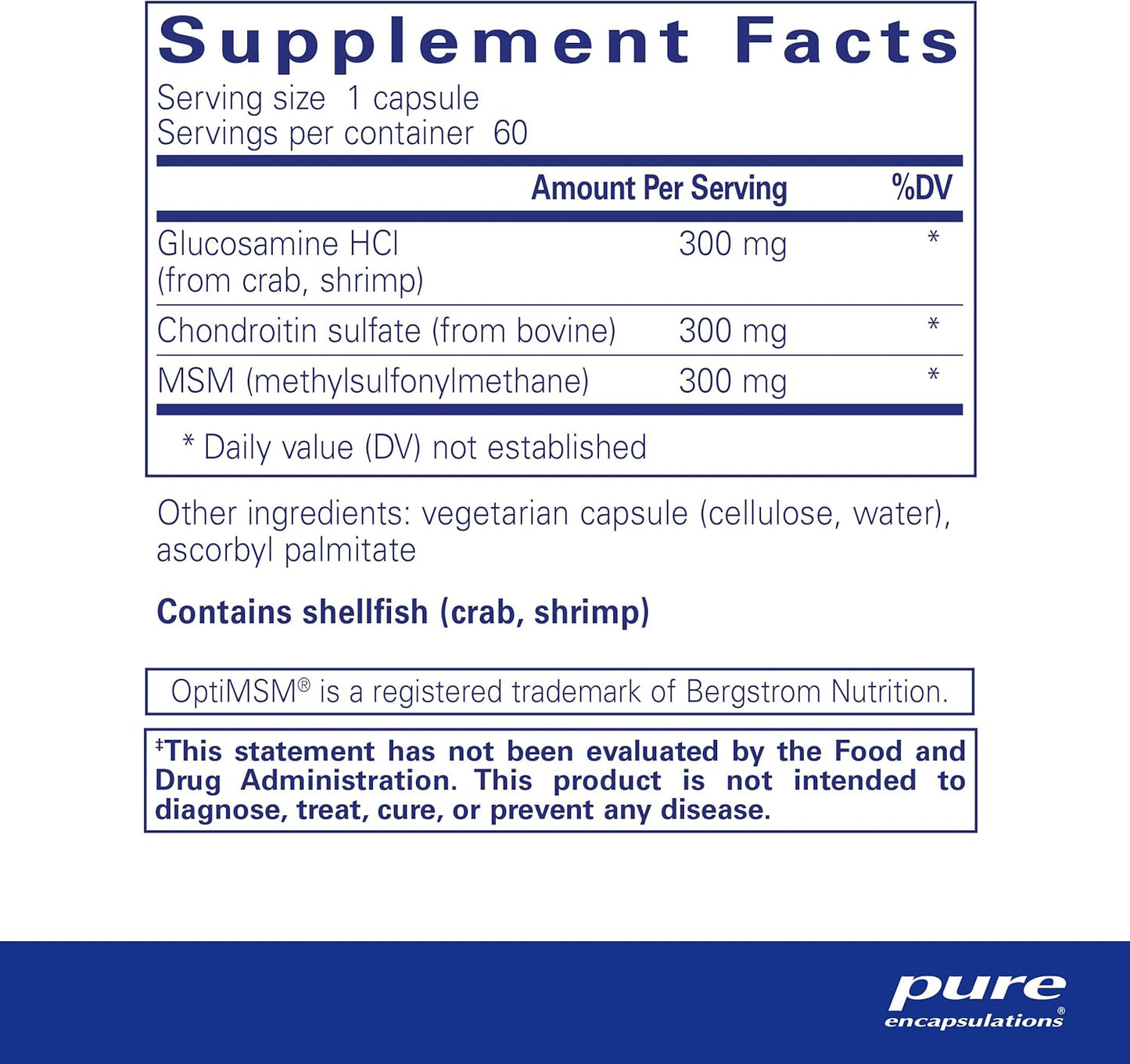Supplement facts for a bottle of Pure Encapsulations Glucosamine Chondroitin with MSM dietary supplement 