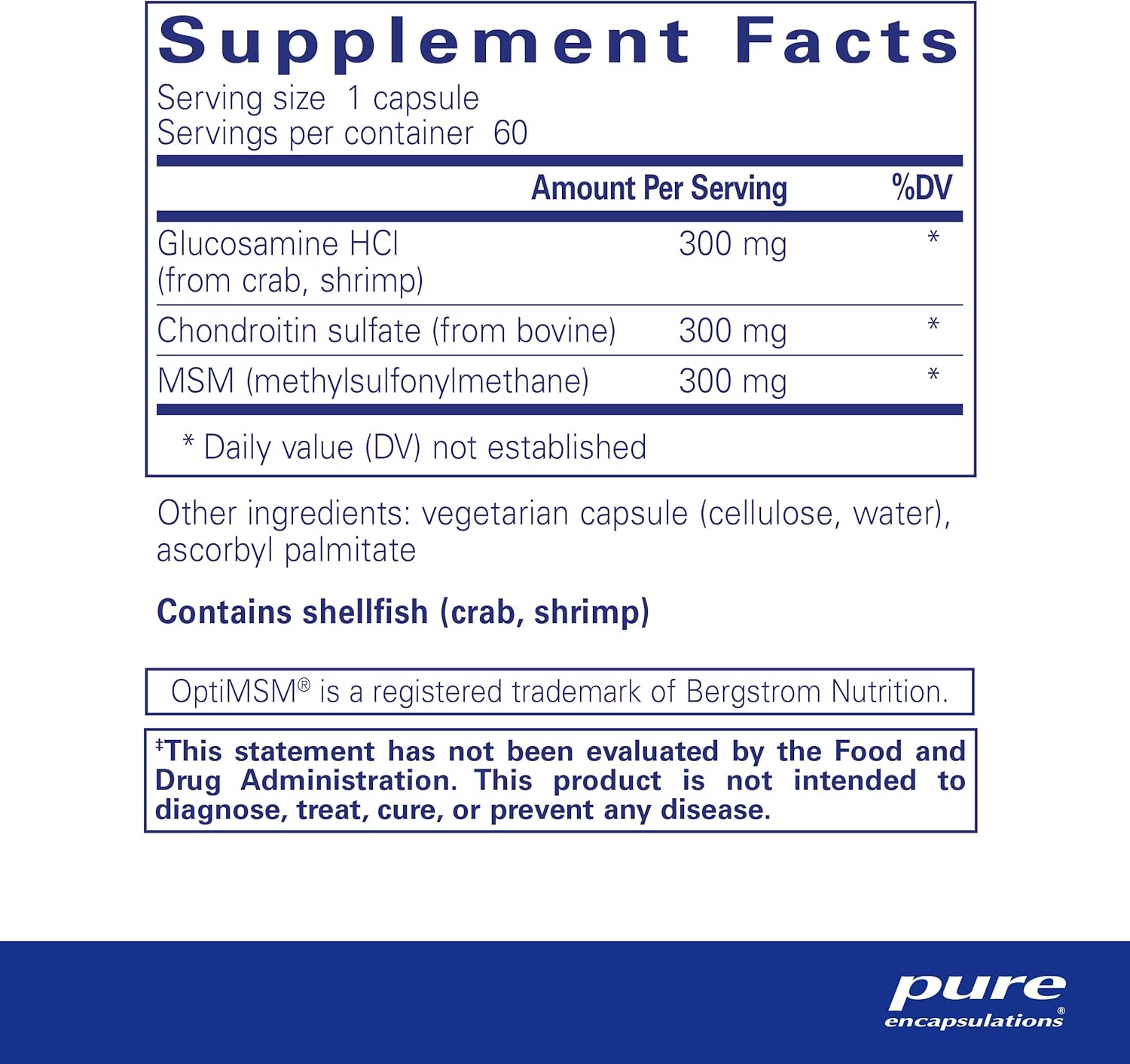 Supplement facts for a bottle of Pure Encapsulations Glucosamine Chondroitin with MSM dietary supplement 