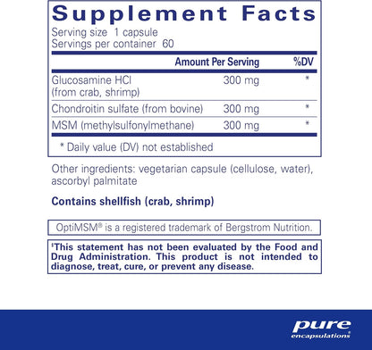 Supplement facts for a bottle of Pure Encapsulations Glucosamine Chondroitin with MSM dietary supplement 