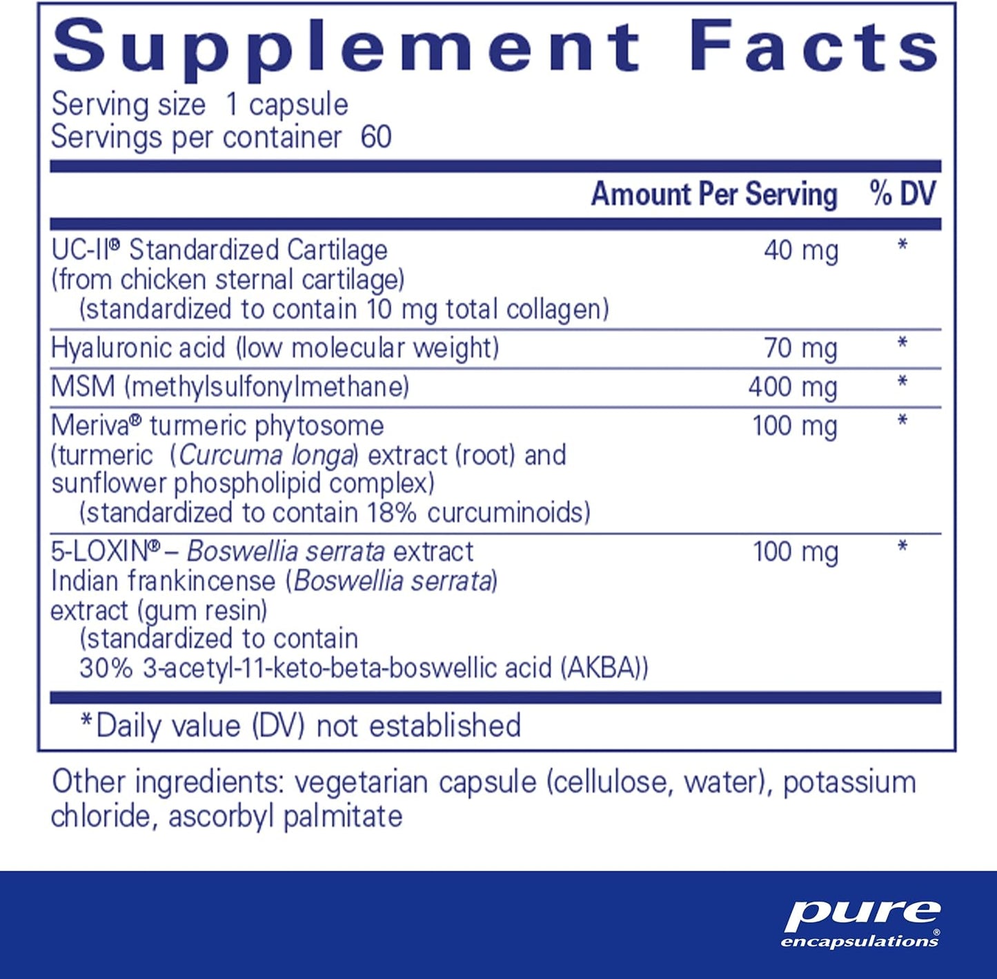 Supplement facts for a  bottle of Pure Encapsulations Joint Complex dietary supplement 