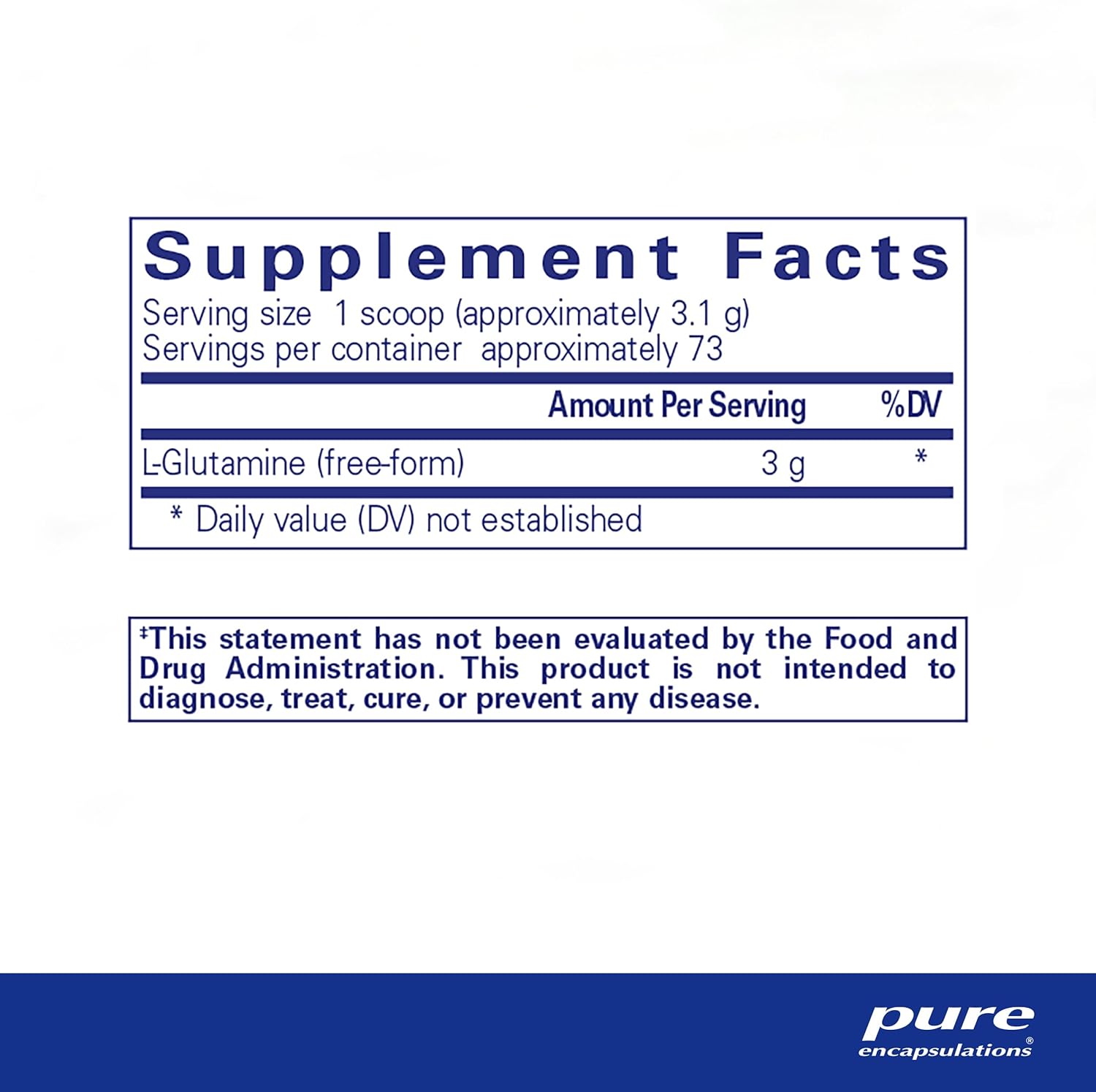 Supplement facts for a container of Pure Encapsulations l-Glutamine powder