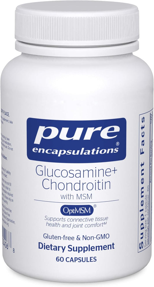 A bottle of Pure Encapsulations Glucosamine Chondroitin with MSM dietary supplement containing 60 capsules.