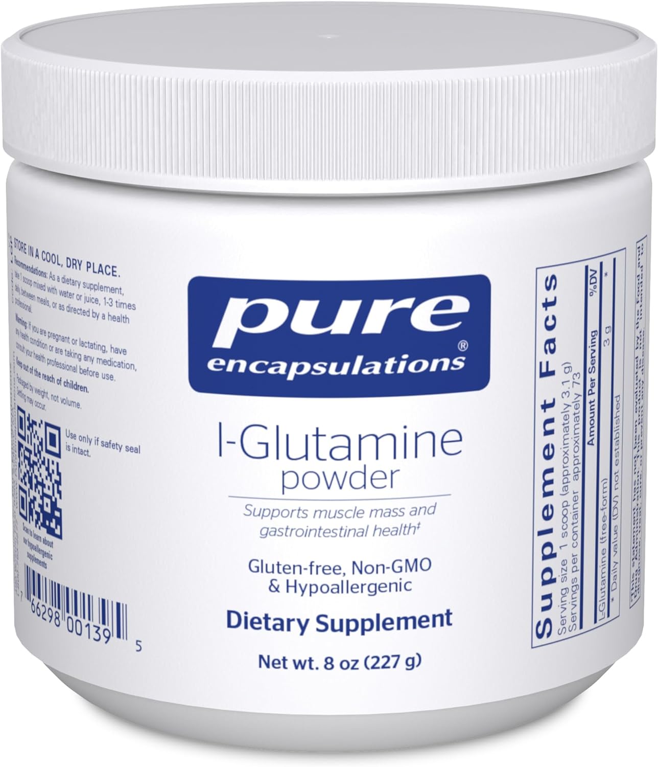 A container of Pure Encapsulations l-Glutamine powder, which is a dietary supplement meant for gastrointestinal health and tissue repair.