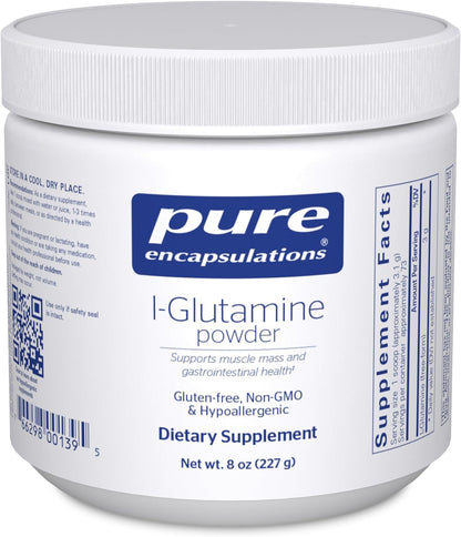 A container of Pure Encapsulations l-Glutamine powder, which is a dietary supplement meant for gastrointestinal health and tissue repair.
