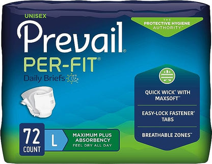 Package of Prevail Per-Fit daily briefs with blue and green design