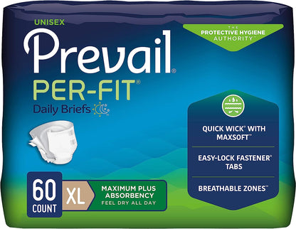 Package of Prevail Per-Fit daily briefs with blue and green design