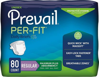 Package of Prevail Per-Fit daily briefs with blue and green design