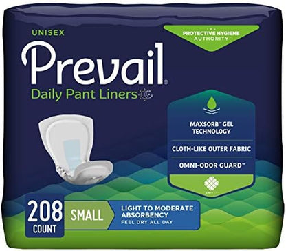 Packaging for Prevail Daily Pant Liners, highlighting MaxSorb Gel Technology and Omni-Odor Guard, indicating light to moderate absorbency, and a count of 208 small-sized liners.