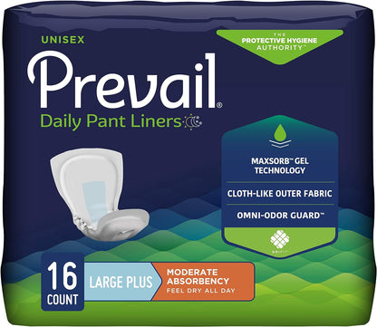 Packaging for Prevail Daily Pant Liners, Unisex, with Moderate Absorbency, Large Plus size, emphasizing MaxSorb Gel Technology and Omni-Odor Guard.