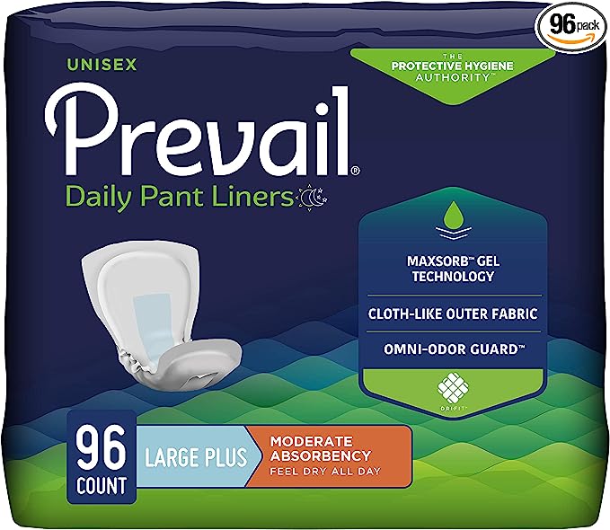 Packaging for Prevail Daily Pant Liners, Unisex, with Moderate Absorbency, Large Plus size, emphasizing MaxSorb Gel Technology and Omni-Odor Guard.