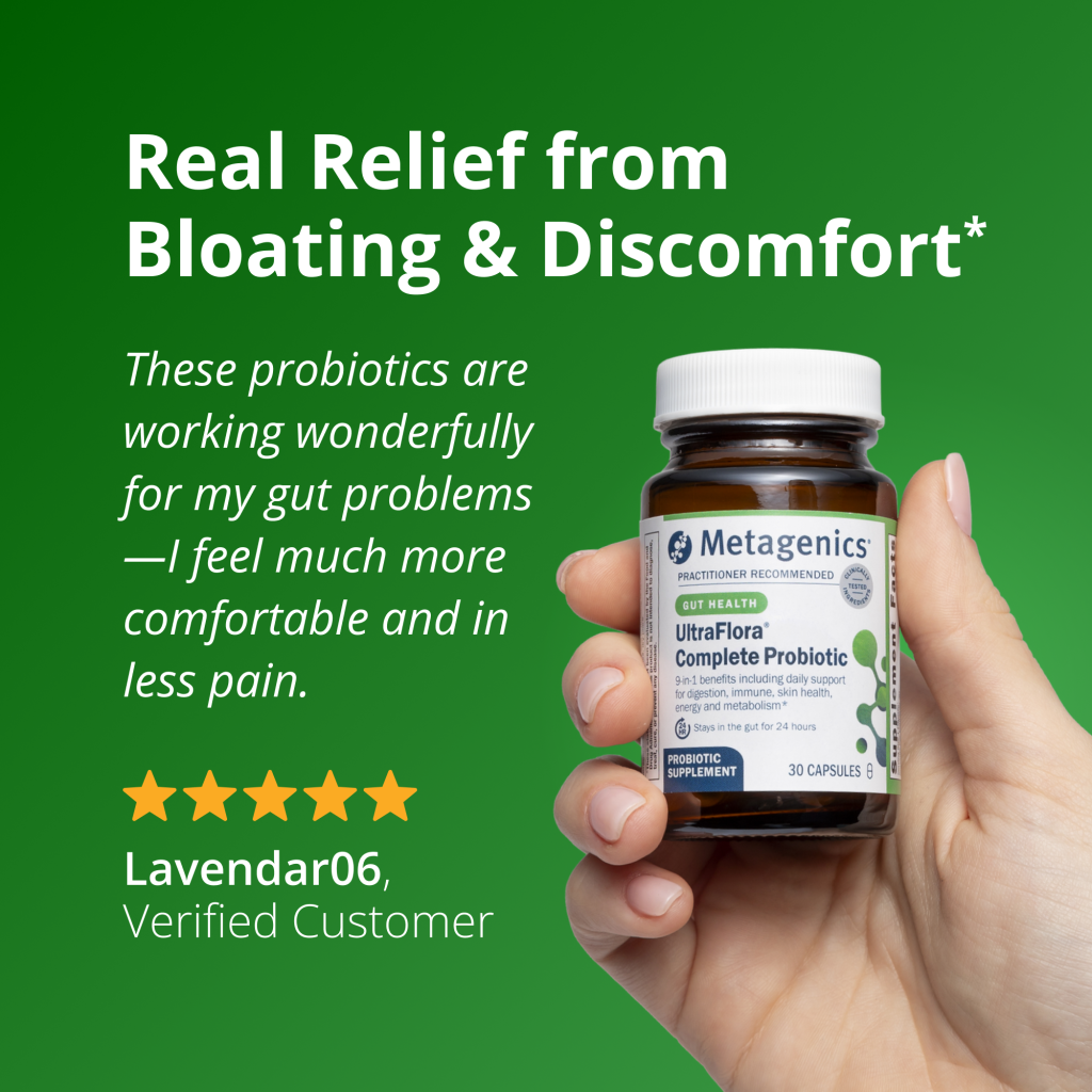 Hand holding a Metagenics probiotic bottle with customer testimonial on a green background