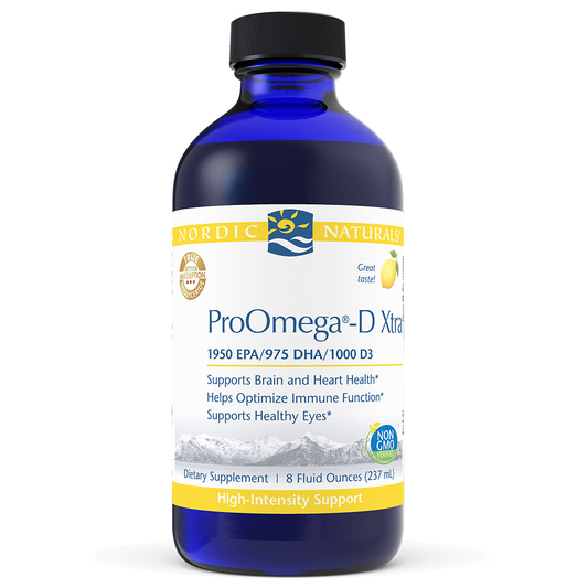 A bottle of Nordic Naturals ProOmega-D Xtra, a liquid fish oil supplement with a label detailing its benefits for cardiovascular, neurological, eye, immune, and joint health.