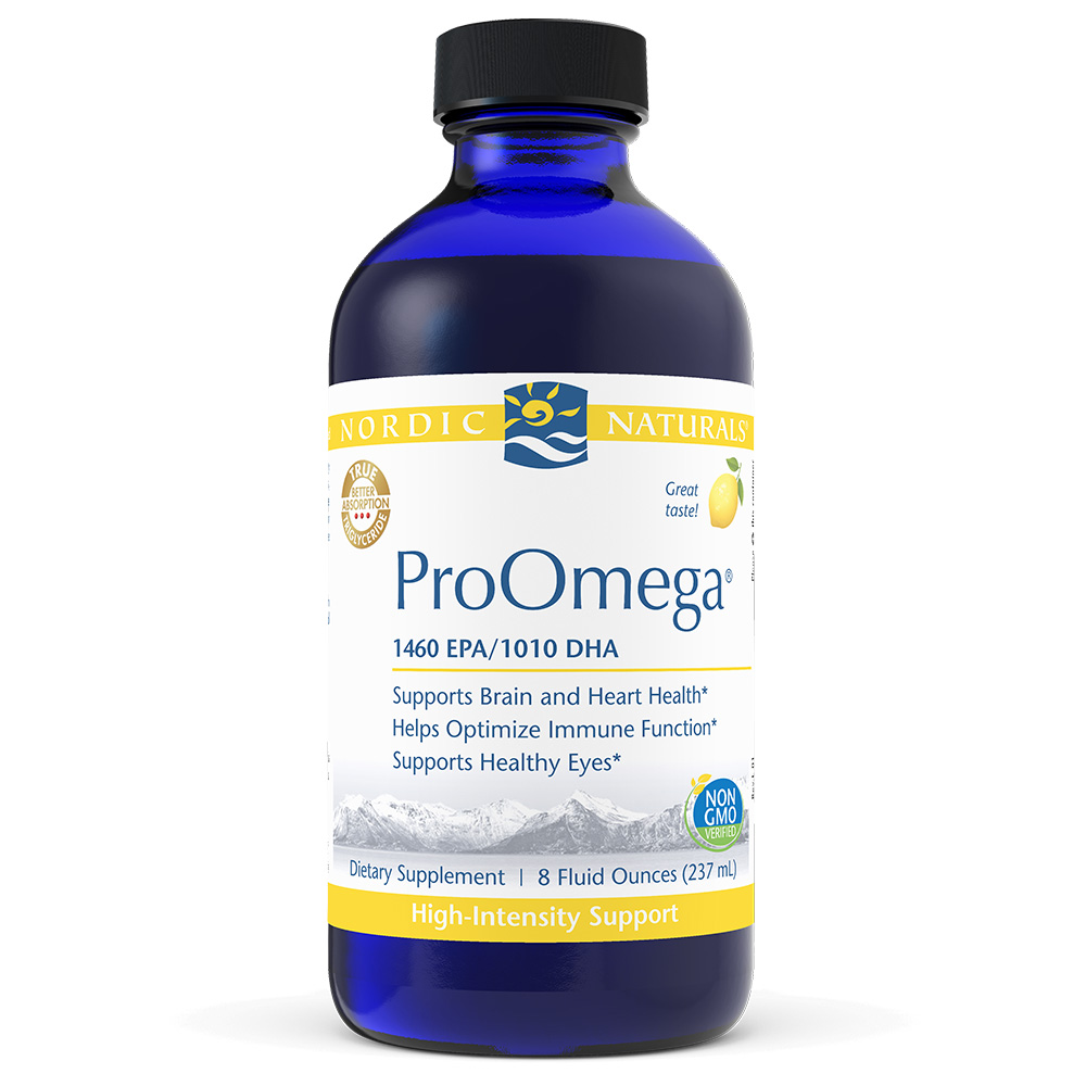 A bottle of Nordic Natural ProOmega, a dietary supplement designed to support various aspects of health including cardiovascular, neurological, eye, joint, and immune functioning.