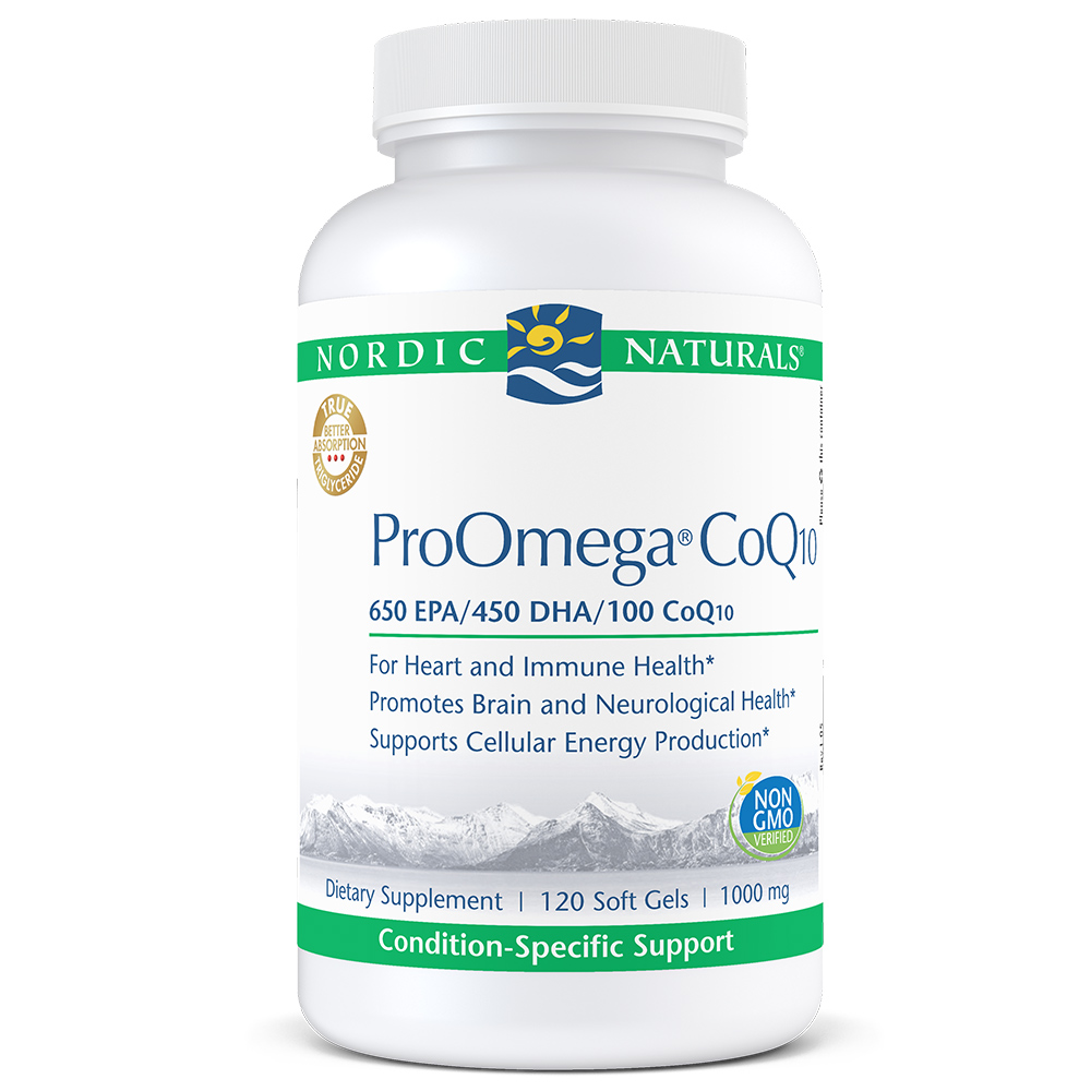 A bottle of Nordic Naturals ProOmega CoQ10 dietary supplement, featuring 650 EPA/450 DHA/100 CoQ for heart and neurological health.