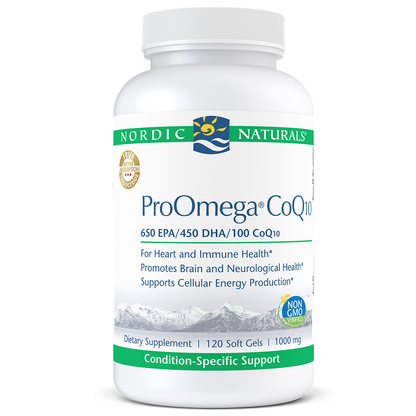 A bottle of Nordic Naturals ProOmega CoQ10 dietary supplement, featuring 650 EPA/450 DHA/100 CoQ for heart and neurological health.