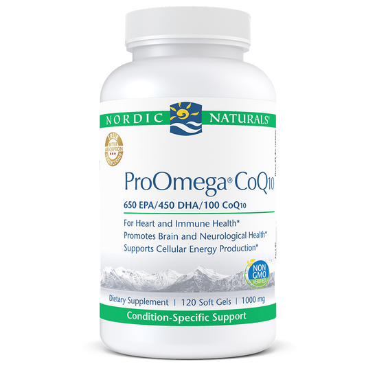A bottle of Nordic Naturals ProOmega CoQ10 dietary supplement, featuring 650 EPA/450 DHA/100 CoQ for heart and neurological health.