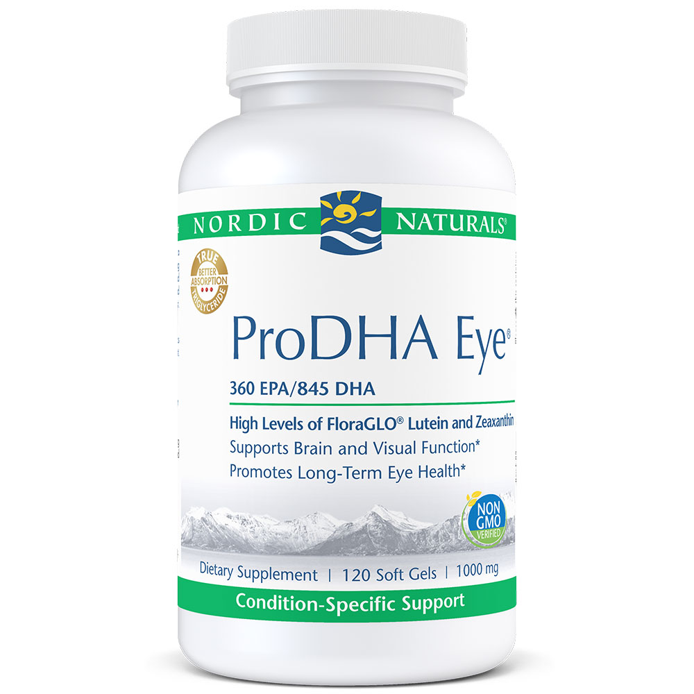 A bottle of Nordic Naturals ProDHA Eye supplement with 120 softgels for supporting eye health.